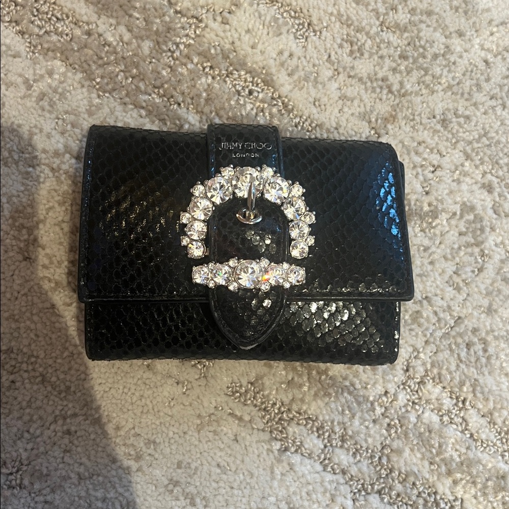 Jimmy Choo Black Snakeskin Wallet with Crystal Accent